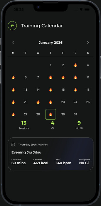 FLUYD training calendar showing session history